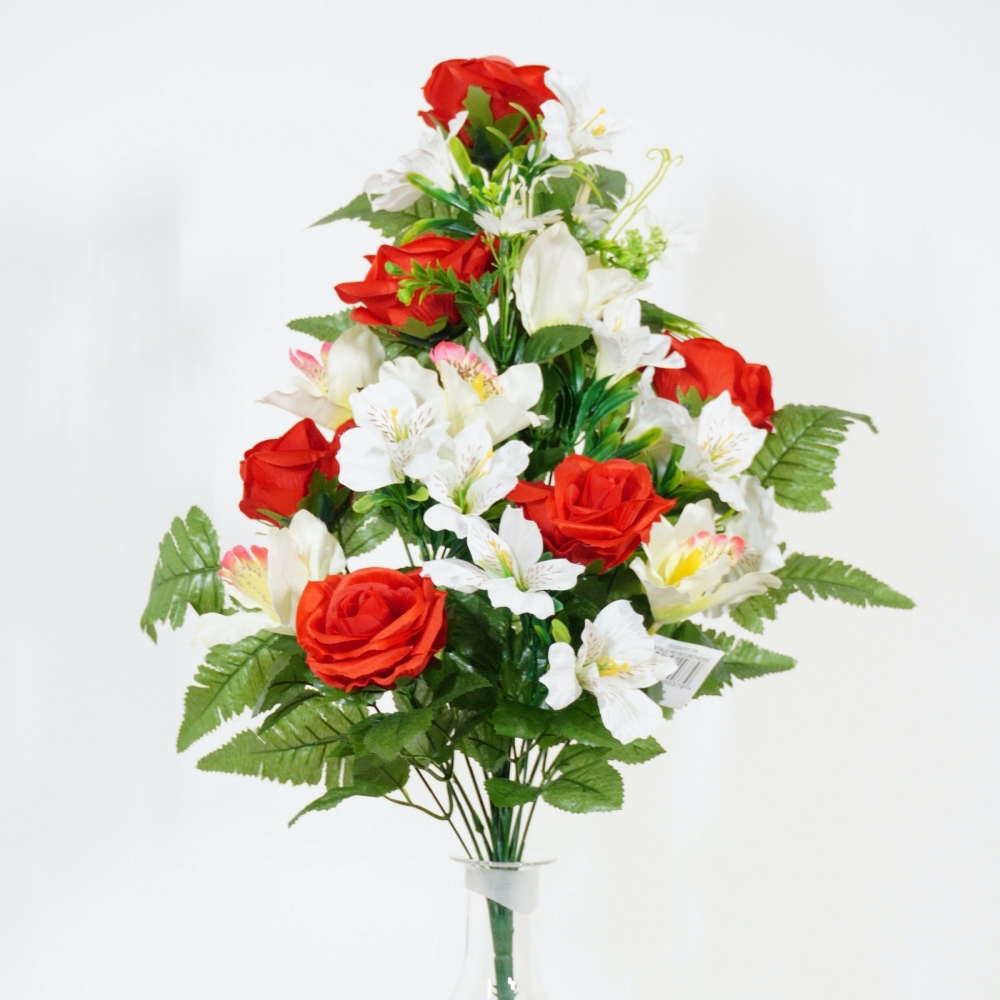 Mazzo frontale di rose e alstroemerie combinazione rosso e bianco