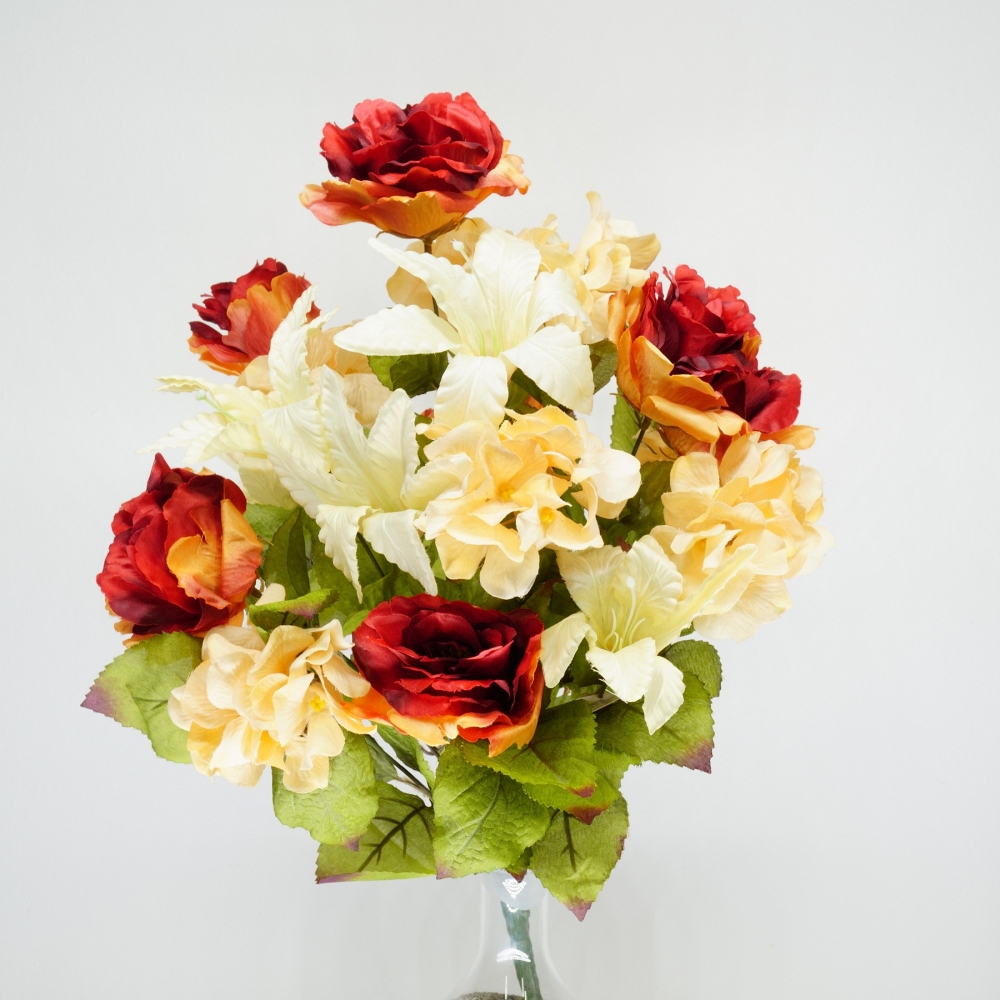 Mazzo rotondo di rose, lilium e ortensie in combinazione arancio tonalità autunnale