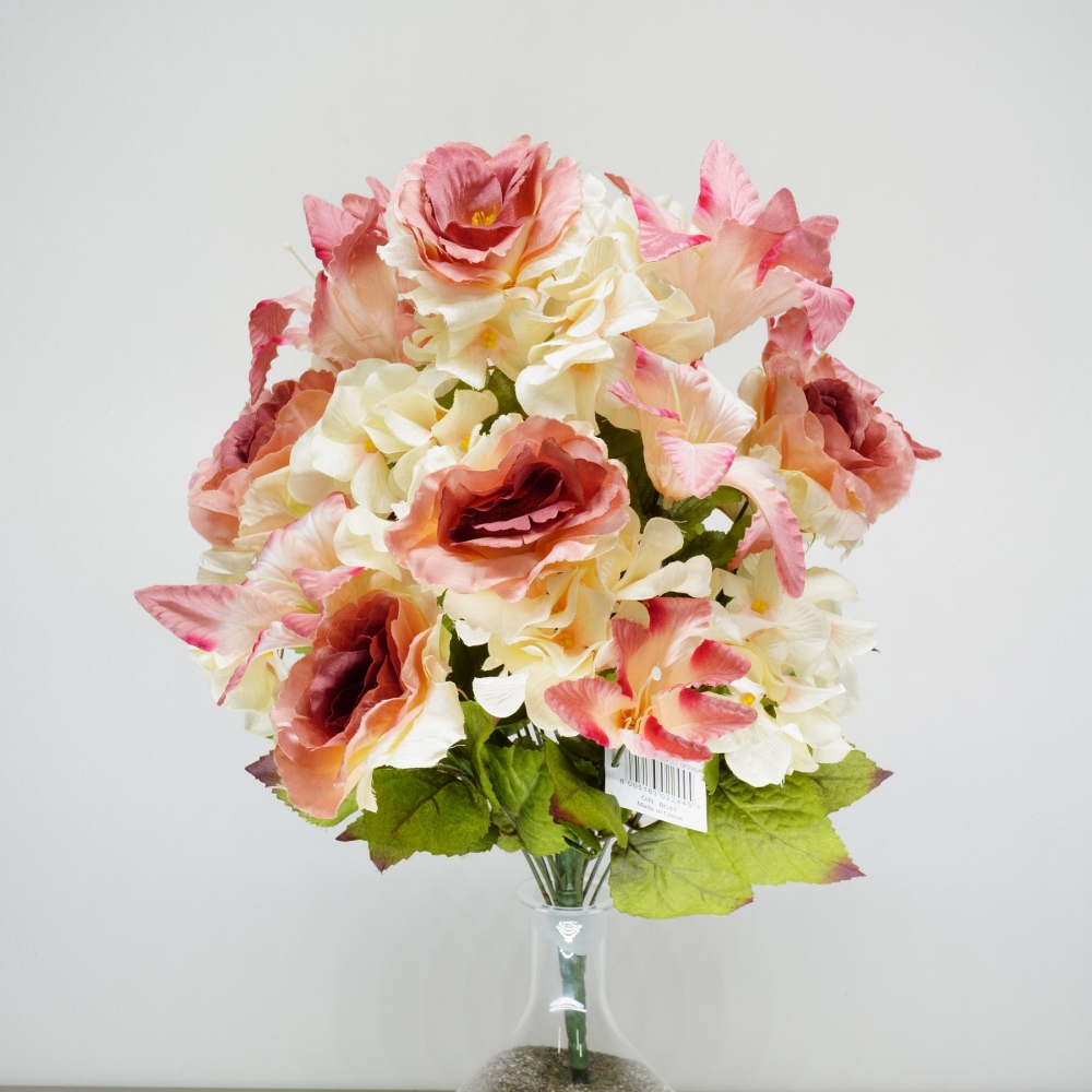 Mazzo rotondo di rose, lilium e ortensie in combinazione rosa tonalità autunnale