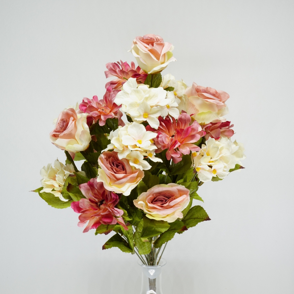 Mazzo rotondo di rose e zinnie in combinazione rosa tonalità autunnale