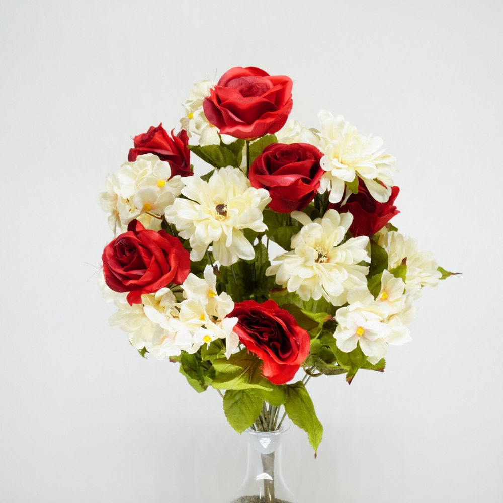 Mazzo rotondo di rose e zinnie in combinazione rosso e crema tonalità autunnale