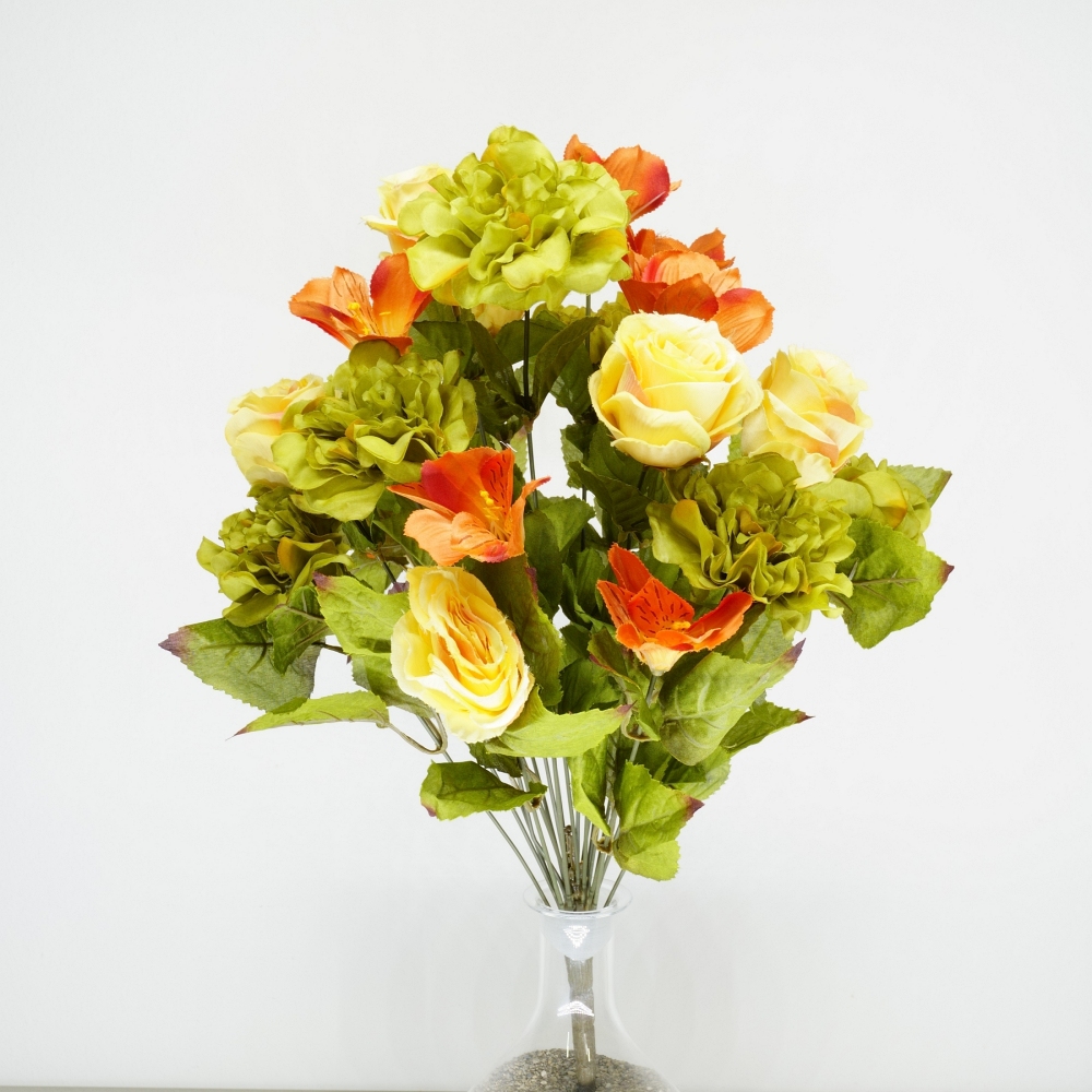 Mazzo rotondo di rose, dalie e alstroemeria in combinazione giallo verde tonalità autunnale