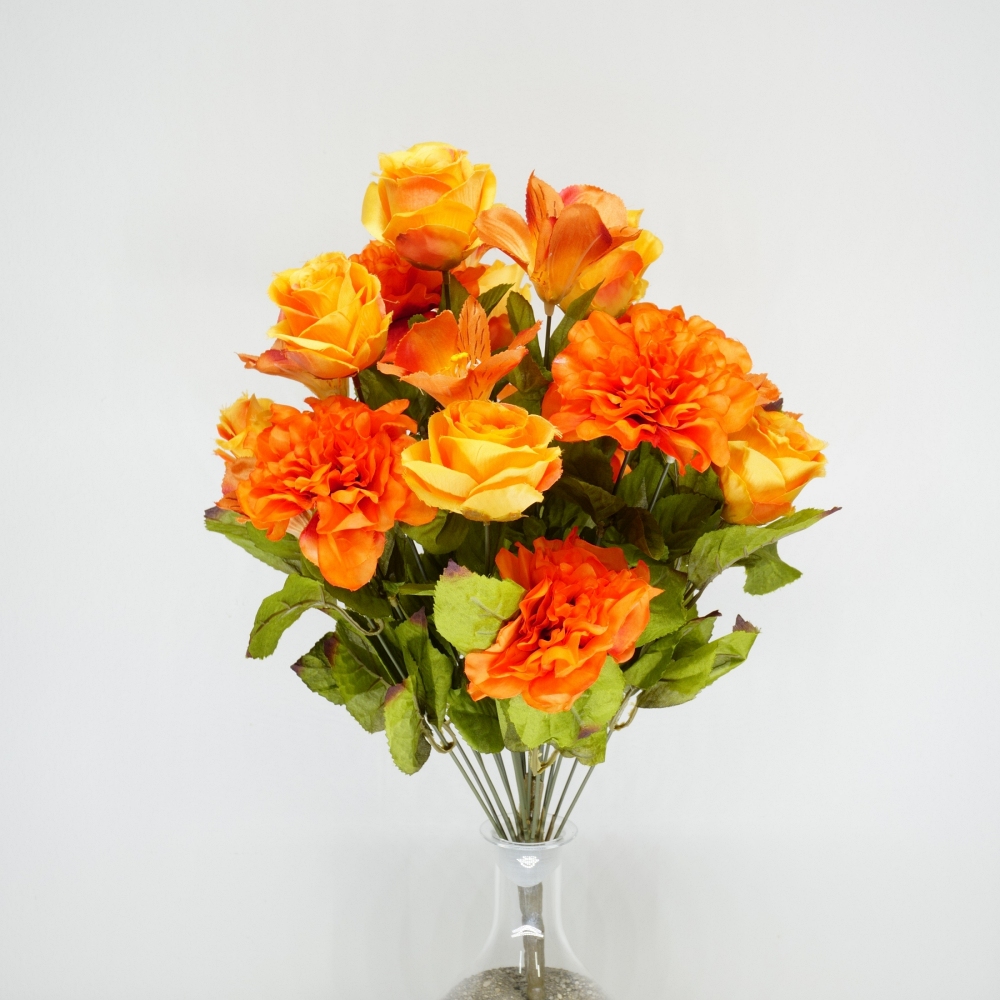 Mazzo rotondo di rose, dalie e alstroemeria in combinazione arancio tonalità autunnale