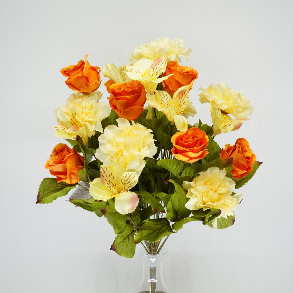 Mazzo rotondo di rose, dalie e alstroemeria in combinazione giallo arancio tonalità autunnale