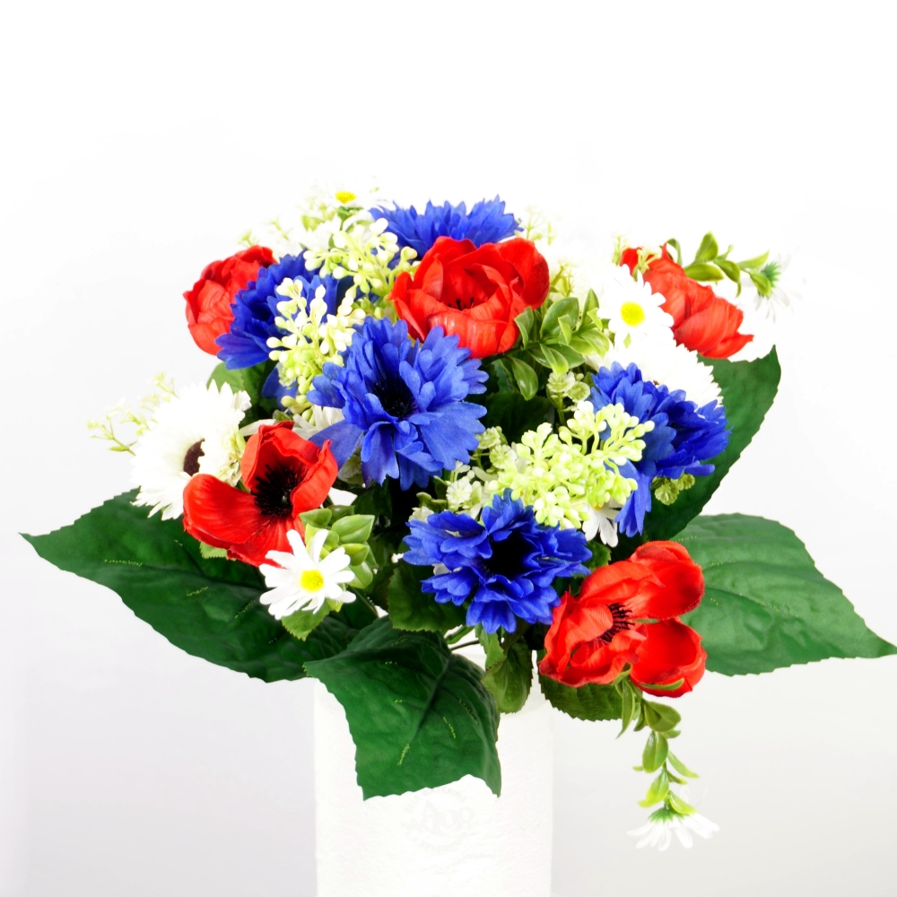Mazzo bouquet di fiordalisi blu, papaveri rossi e margherite bianche