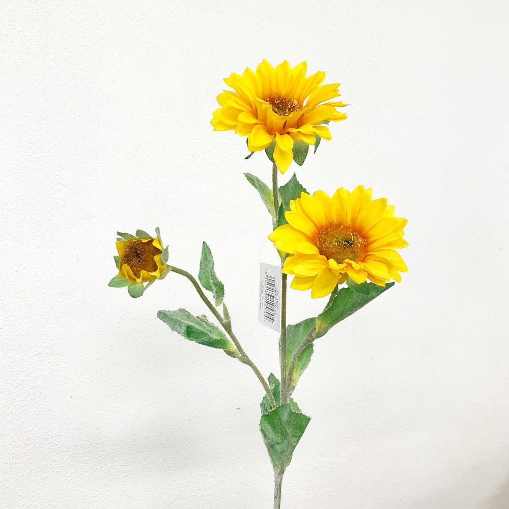 Ramo fiore artificiale di Girasole con due teste e un bocciolo di colore giallo